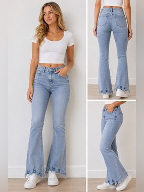 Misa Los Angeles Grey High-Rise Flare Jeans with Frayed Hem